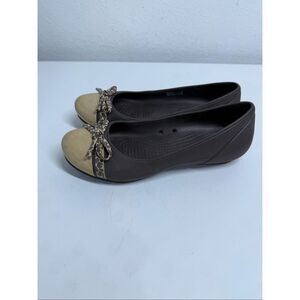 Crocs Kadee Leopard Print Bow Cap Toe Slip On Brown Gold Ballet Flats Womens 6
